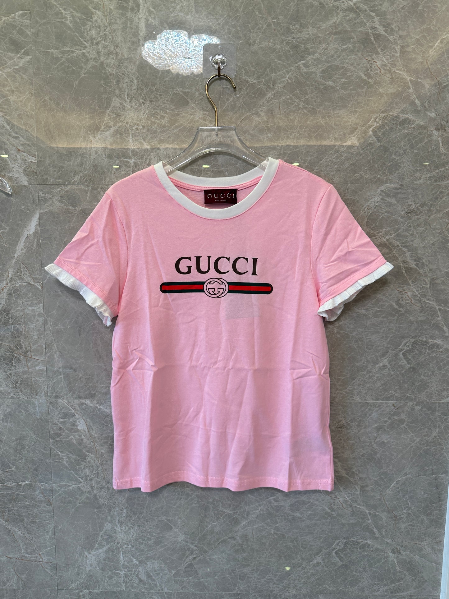 Gucci Pink Logo T-Shirt Women Short Sleeve Ruffle Trim Casual Tee Summer Top