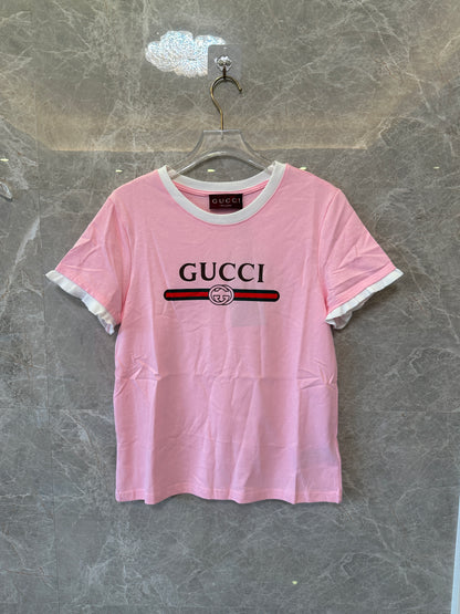 Gucci Pink Logo T-Shirt Women Short Sleeve Ruffle Trim Casual Tee Summer Top
