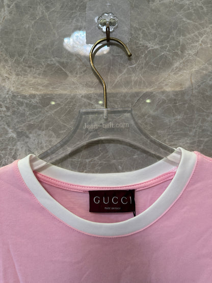 Gucci Pink Logo T-Shirt Women Short Sleeve Ruffle Trim Casual Tee Summer Top