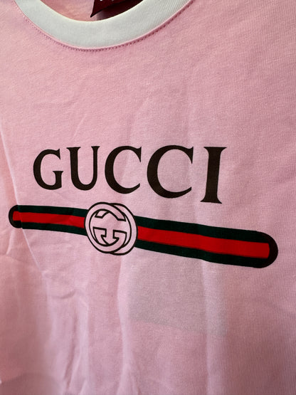 Gucci Pink Logo T-Shirt Women Short Sleeve Ruffle Trim Casual Tee Summer Top