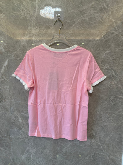 Gucci Pink Logo T-Shirt Women Short Sleeve Ruffle Trim Casual Tee Summer Top