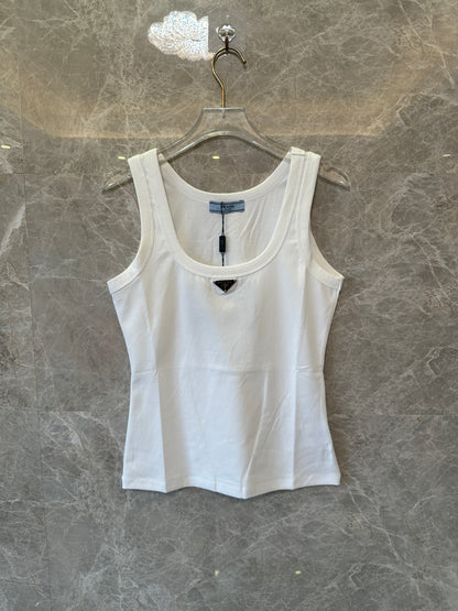 Prada Triangle Logo Tank Top Women Sleeveless Slim Fit White Basic Top