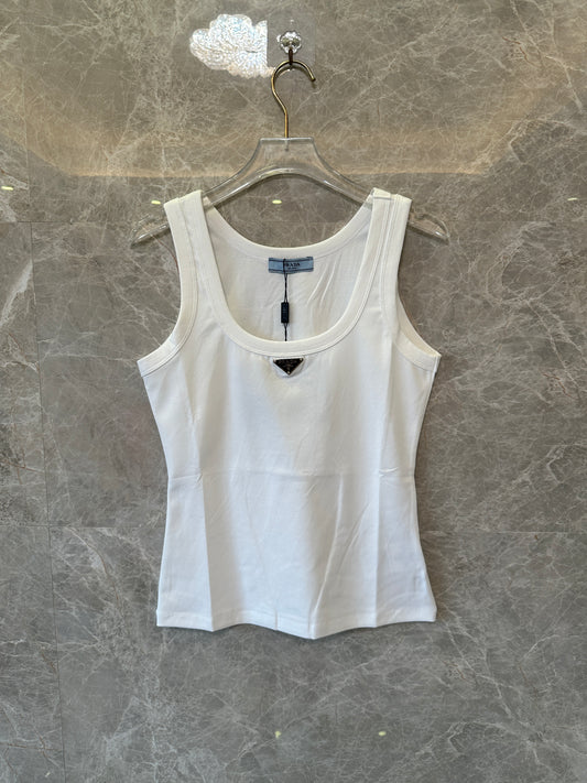 Prada Triangle Logo Tank Top Women Sleeveless Slim Fit White Basic Top