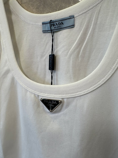 Prada Triangle Logo Tank Top Women Sleeveless Slim Fit White Basic Top