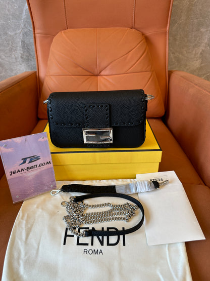 Fendi Mini Baguette Bag in Black Leather with Silver FF Logo