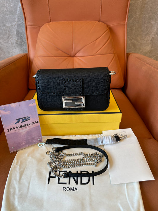 Fendi Mini Baguette Bag in Black Leather with Silver FF Logo