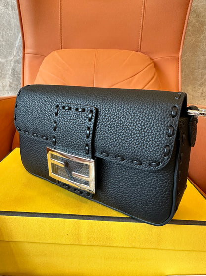 Fendi Mini Baguette Bag in Black Leather with Silver FF Logo