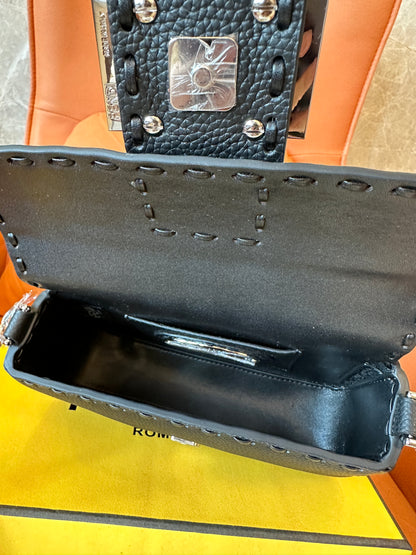 Fendi Mini Baguette Bag in Black Leather with Silver FF Logo