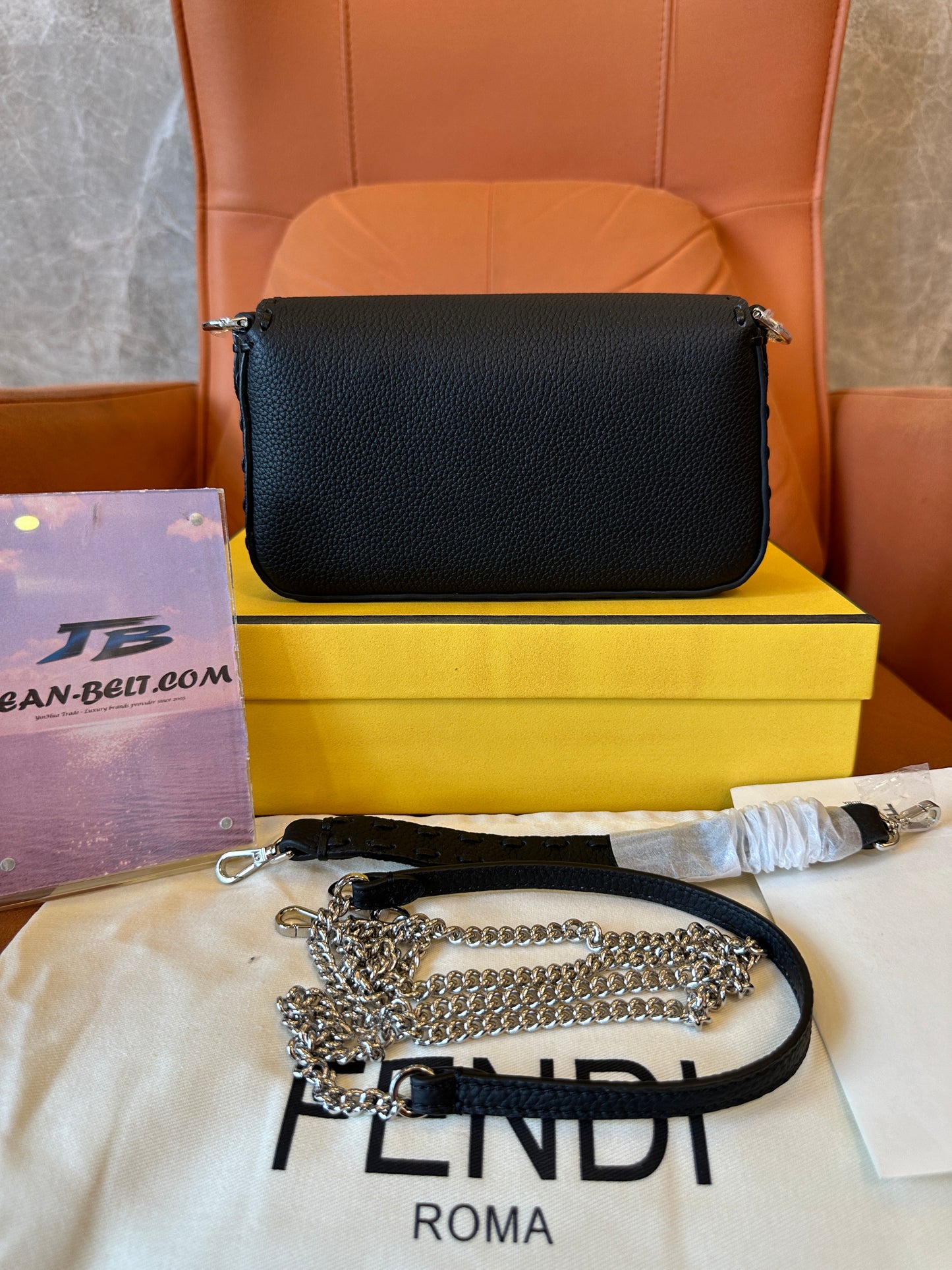 Fendi Mini Baguette Bag in Black Leather with Silver FF Logo