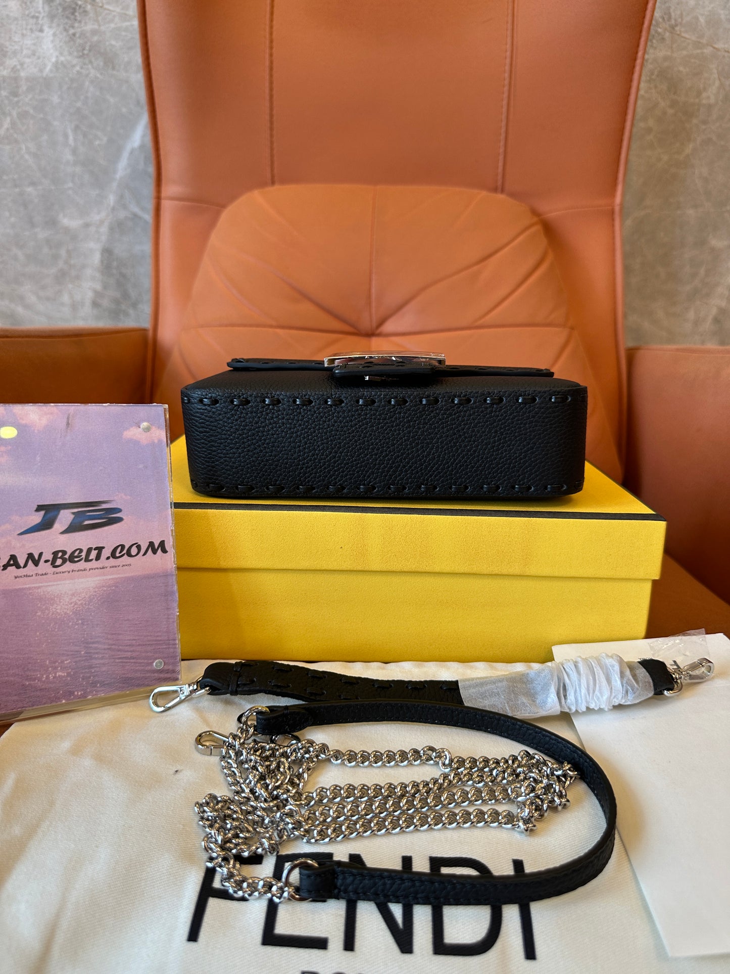 Fendi Mini Baguette Bag in Black Leather with Silver FF Logo