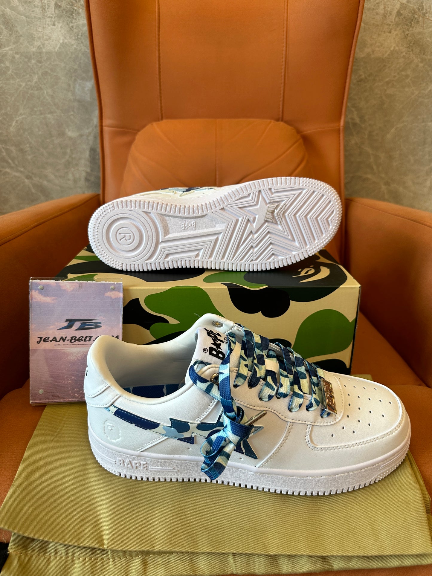 BAPE STA Low Blue Camo Star Sneakers White Leather Classic Skate Shoes Unisex