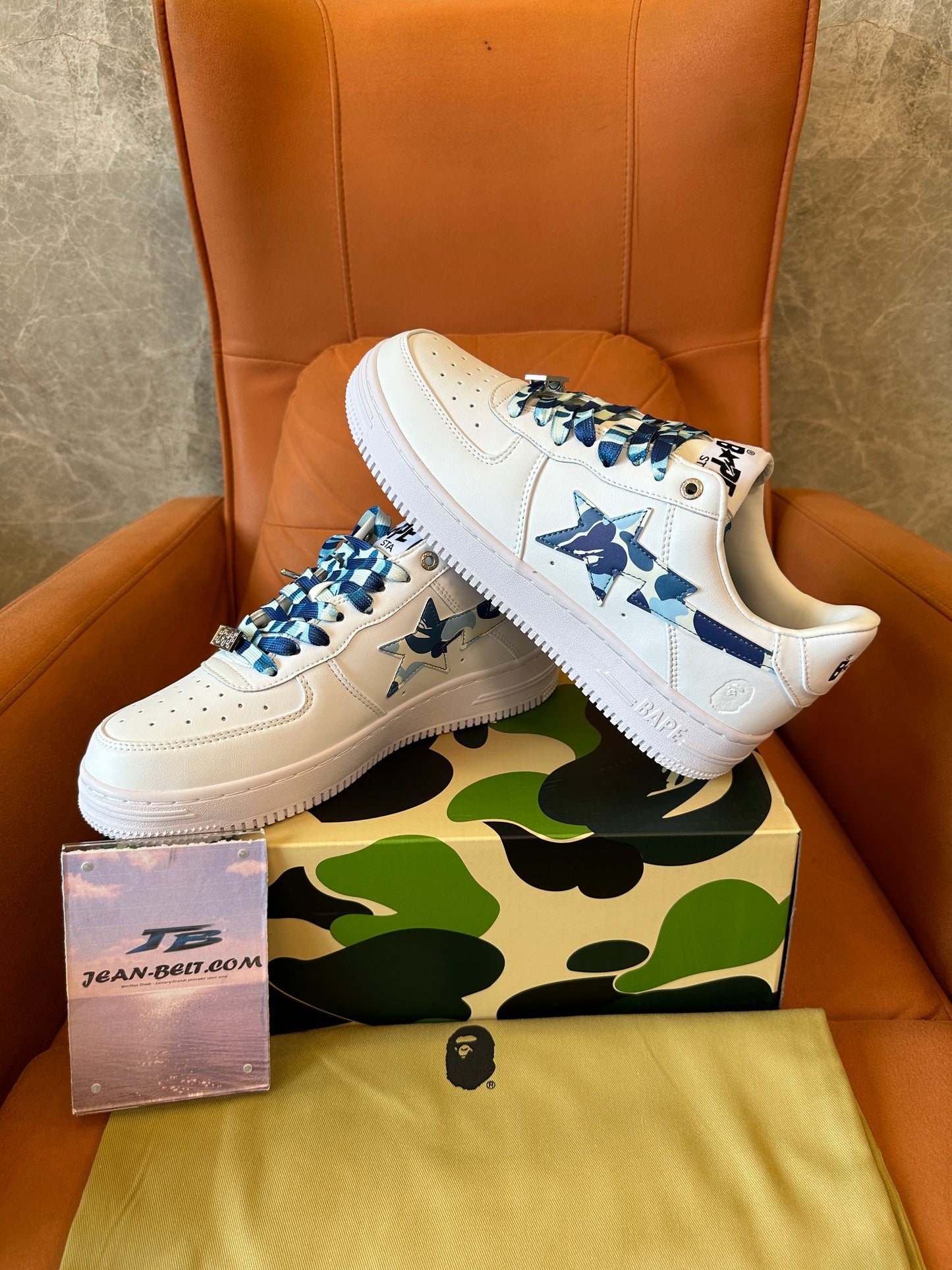 BAPE STA Low Blue Camo Star Sneakers White Leather Classic Skate Shoes Unisex
