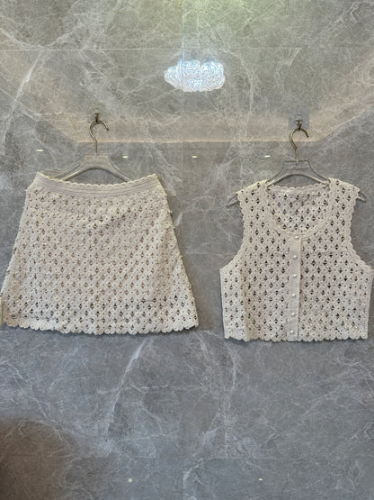 Sandro Crochet Pearl Mini Skirt & Sleeveless Top Set – Beige Floral Openwork