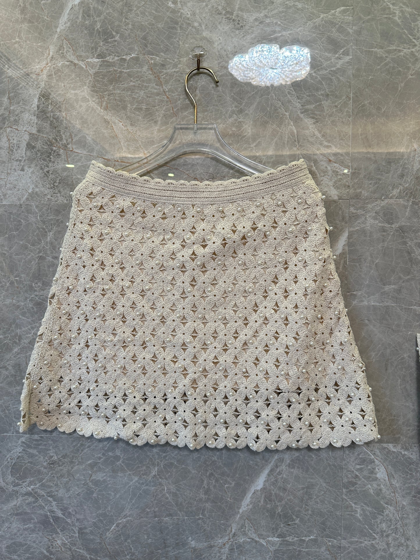 Sandro Crochet Pearl Mini Skirt & Sleeveless Top Set – Beige Floral Openwork