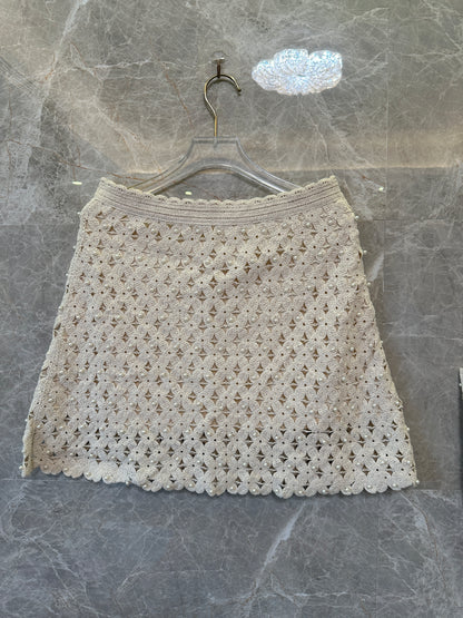 Sandro Crochet Pearl Mini Skirt & Sleeveless Top Set – Beige Floral Openwork