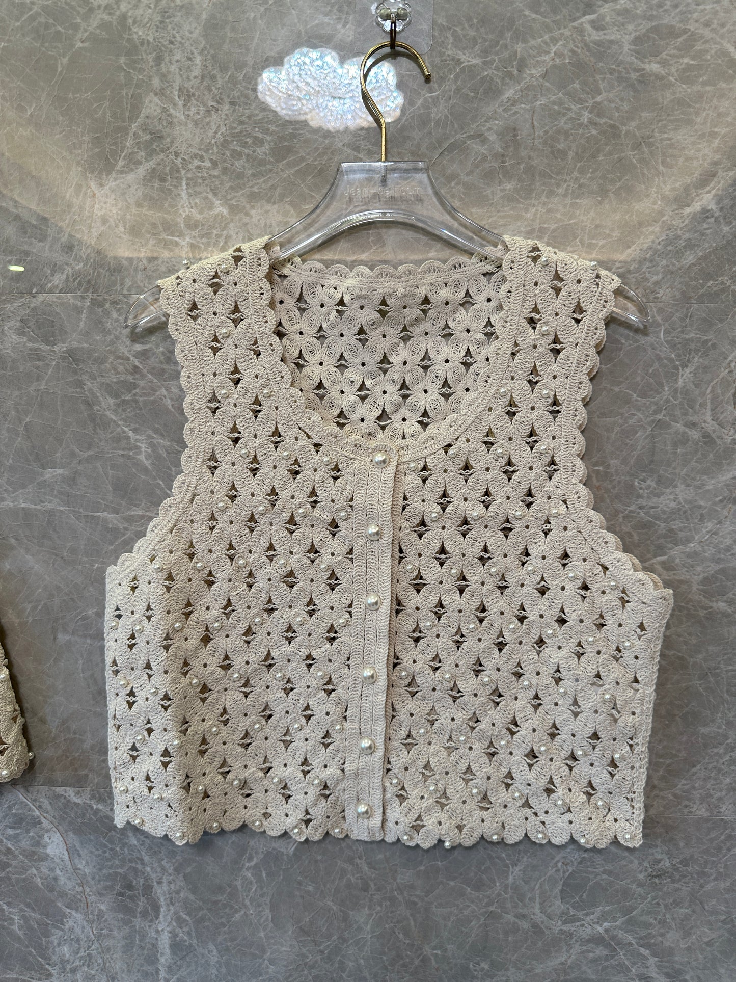 Sandro Crochet Pearl Mini Skirt & Sleeveless Top Set – Beige Floral Openwork