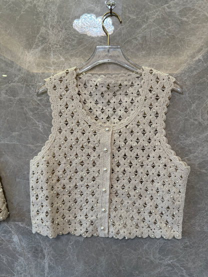 Sandro Crochet Pearl Mini Skirt & Sleeveless Top Set – Beige Floral Openwork