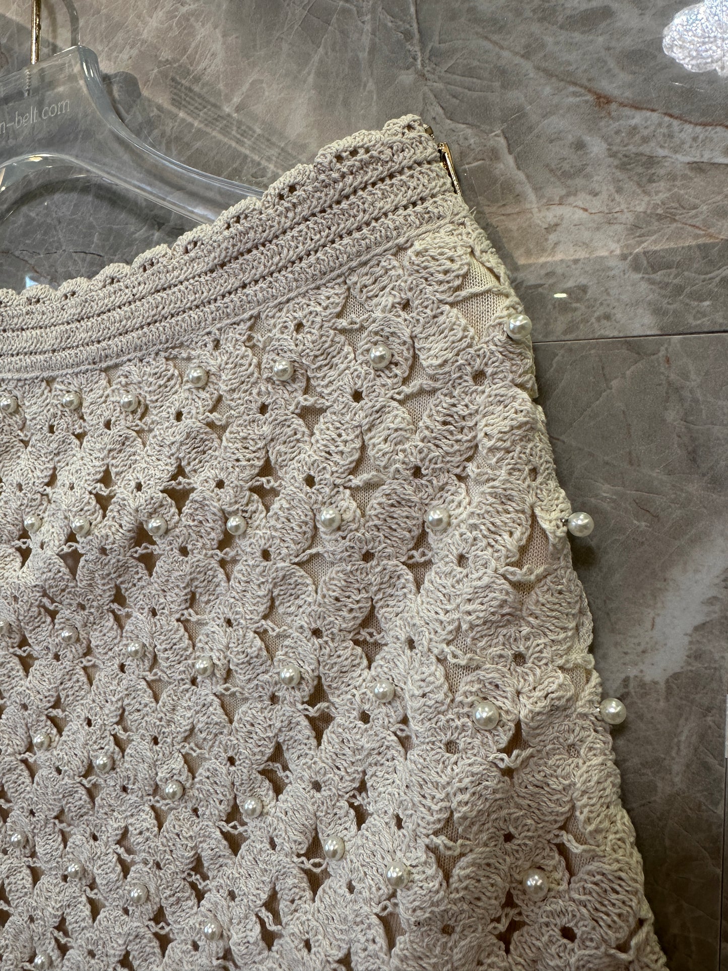 Sandro Crochet Pearl Mini Skirt & Sleeveless Top Set – Beige Floral Openwork
