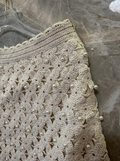 Sandro Crochet Pearl Mini Skirt & Sleeveless Top Set – Beige Floral Openwork