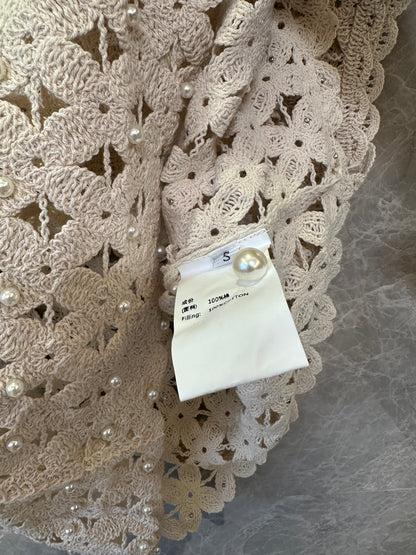 Sandro Crochet Pearl Mini Skirt & Sleeveless Top Set – Beige Floral Openwork