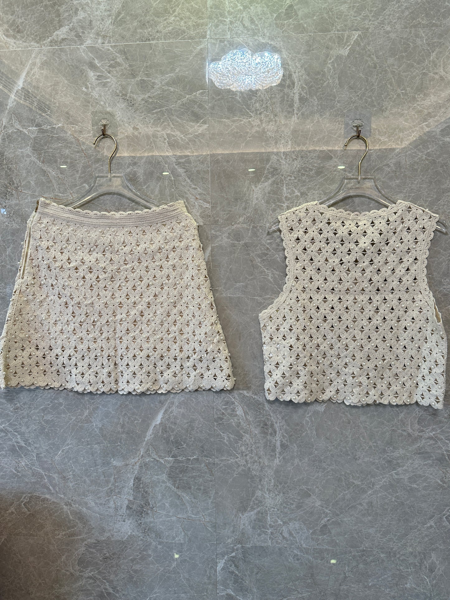 Sandro Crochet Pearl Mini Skirt & Sleeveless Top Set – Beige Floral Openwork