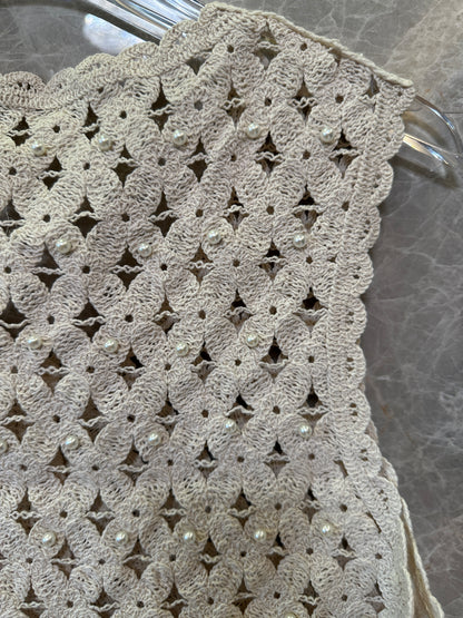 Sandro Crochet Pearl Mini Skirt & Sleeveless Top Set – Beige Floral Openwork