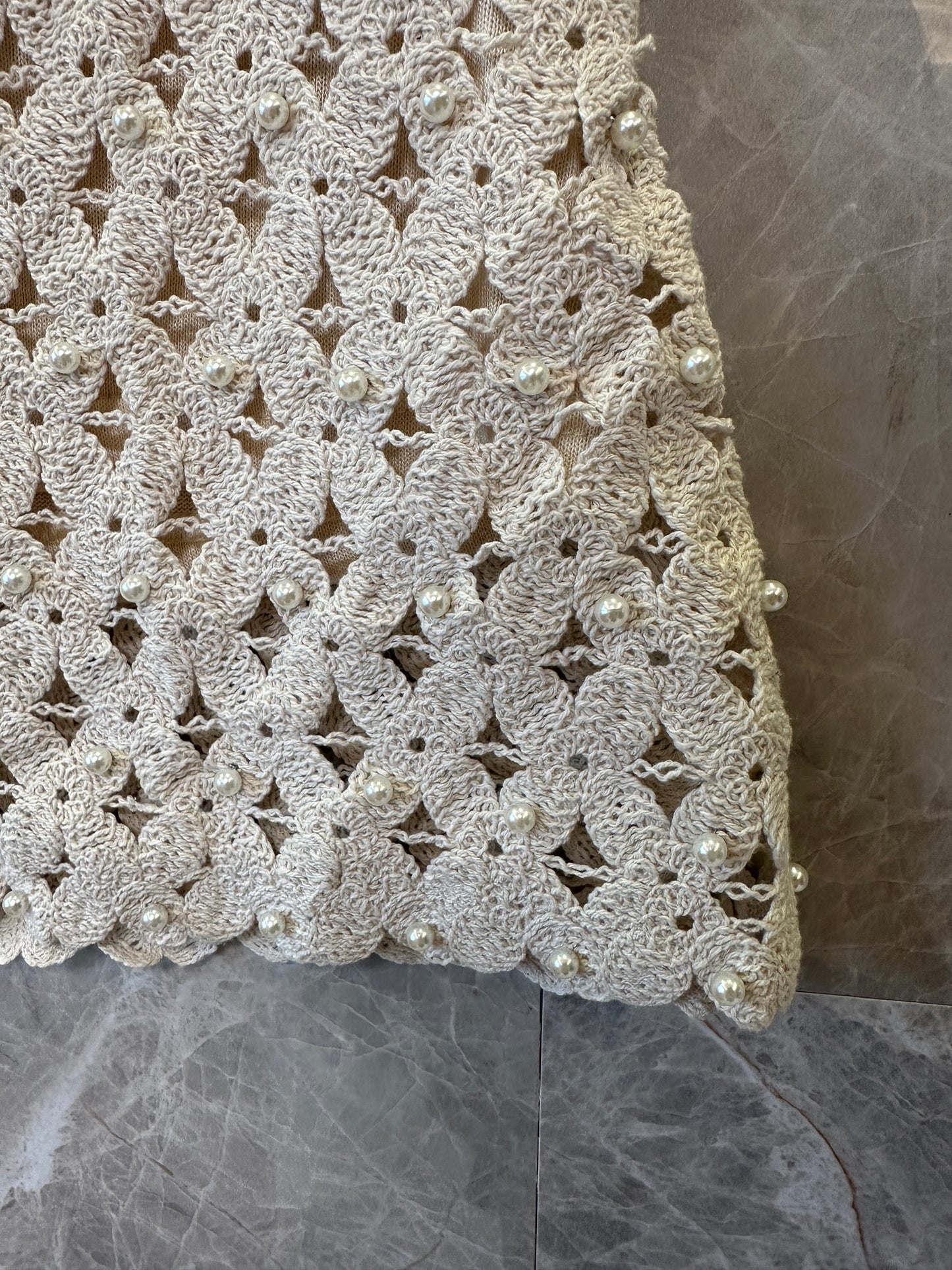 Sandro Crochet Pearl Mini Skirt & Sleeveless Top Set – Beige Floral Openwork