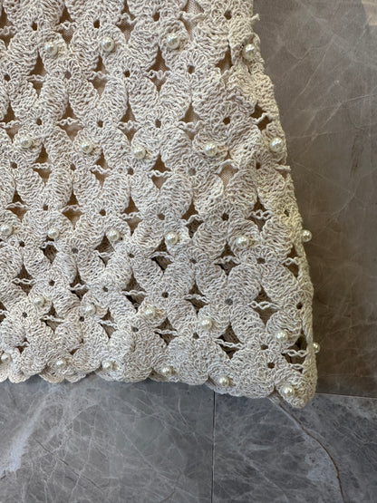 Sandro Crochet Pearl Mini Skirt & Sleeveless Top Set – Beige Floral Openwork