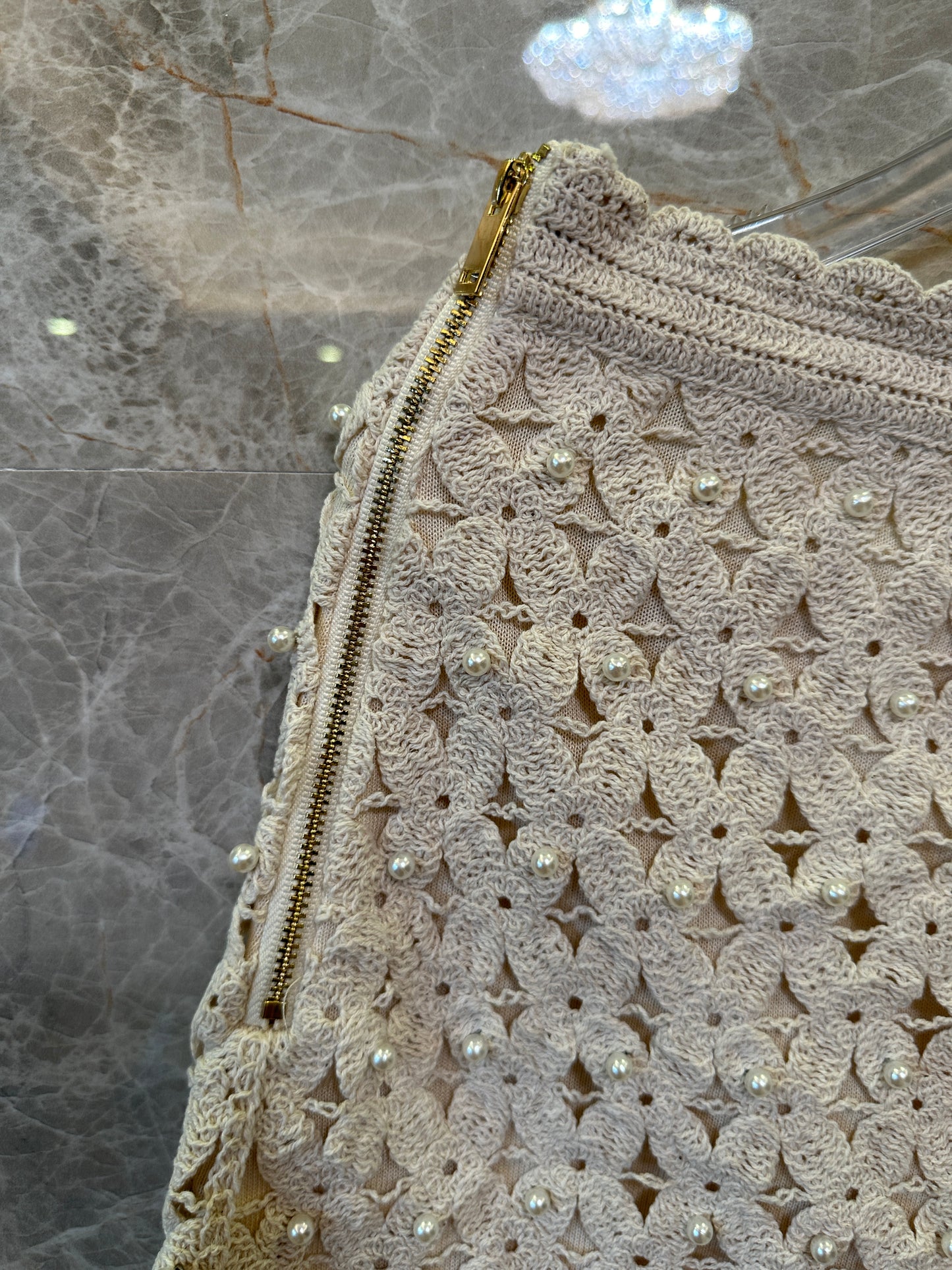 Sandro Crochet Pearl Mini Skirt & Sleeveless Top Set – Beige Floral Openwork