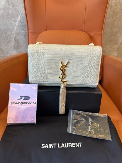 Saint Laurent Kate Bag in White Croc-Embossed Leather with Gold YSL Logo and Tassel