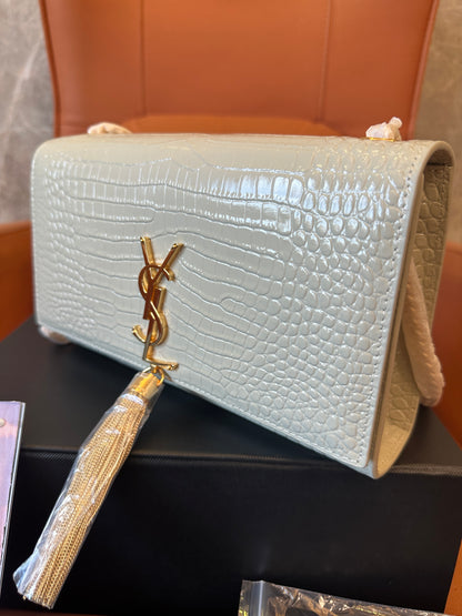 Saint Laurent Kate Bag in White Croc-Embossed Leather with Gold YSL Logo and Tassel