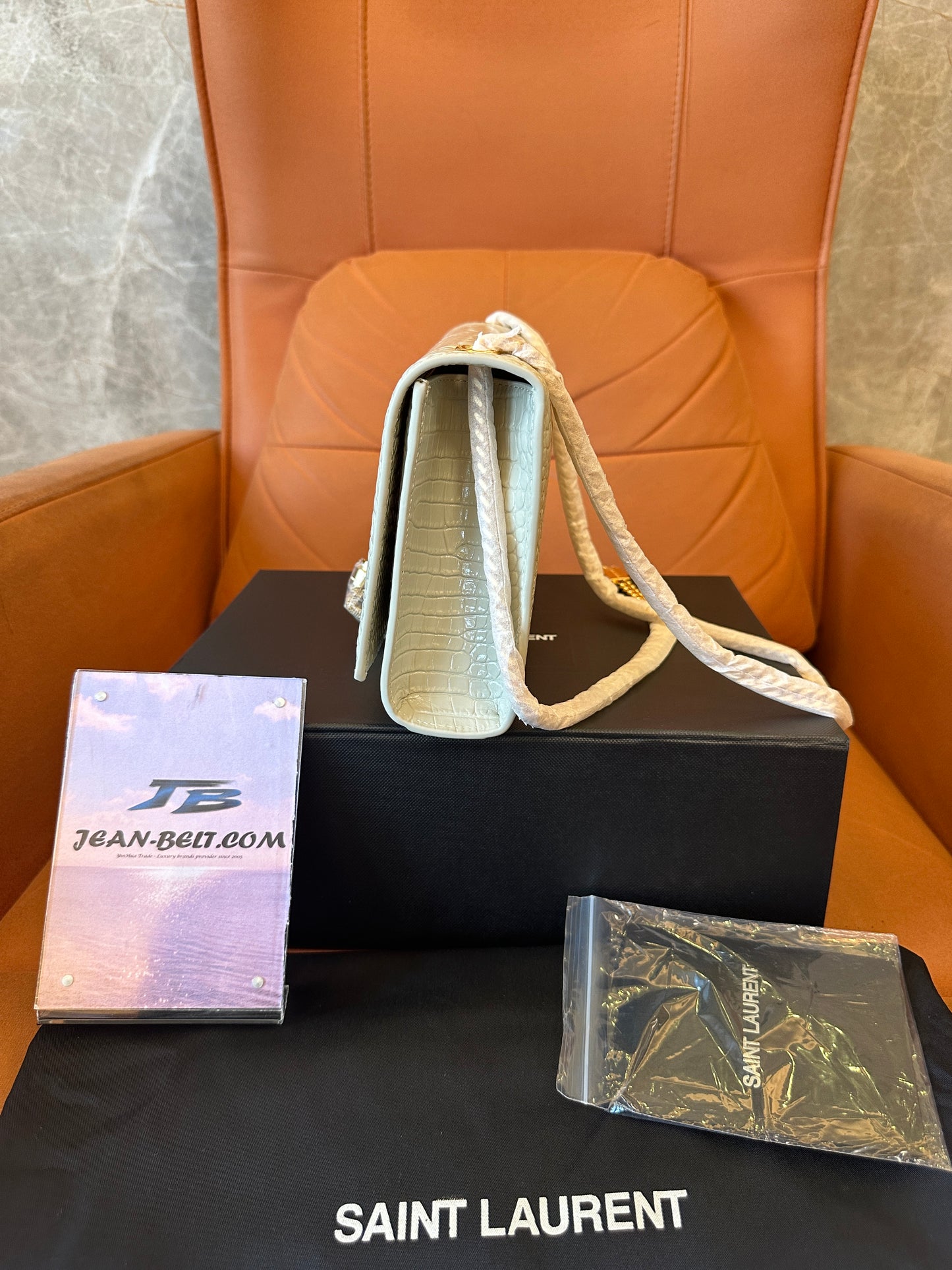 Saint Laurent Kate Bag in White Croc-Embossed Leather with Gold YSL Logo and Tassel