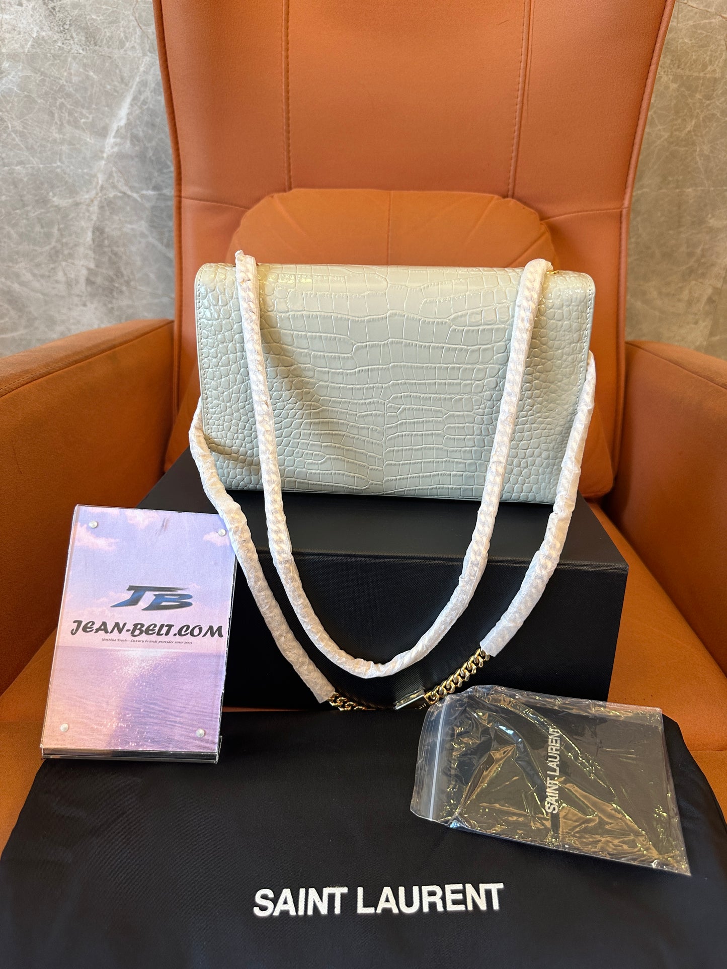 Saint Laurent Kate Bag in White Croc-Embossed Leather with Gold YSL Logo and Tassel