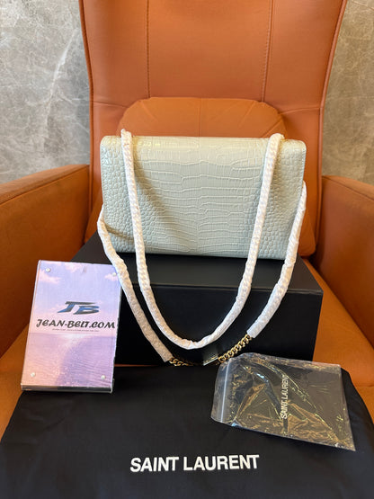 Saint Laurent Kate Bag in White Croc-Embossed Leather with Gold YSL Logo and Tassel
