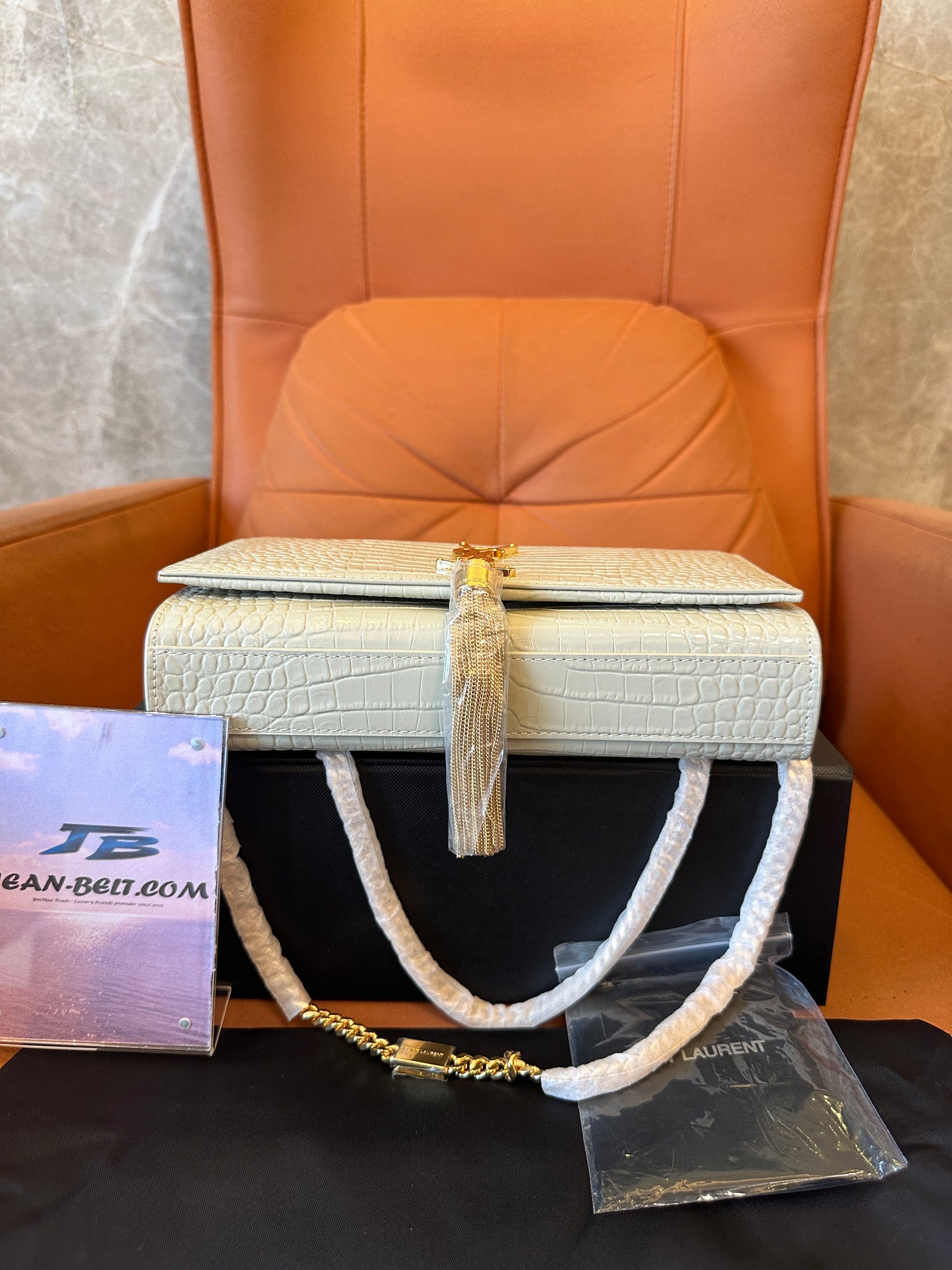 Saint Laurent Kate Bag in White Croc-Embossed Leather with Gold YSL Logo and Tassel