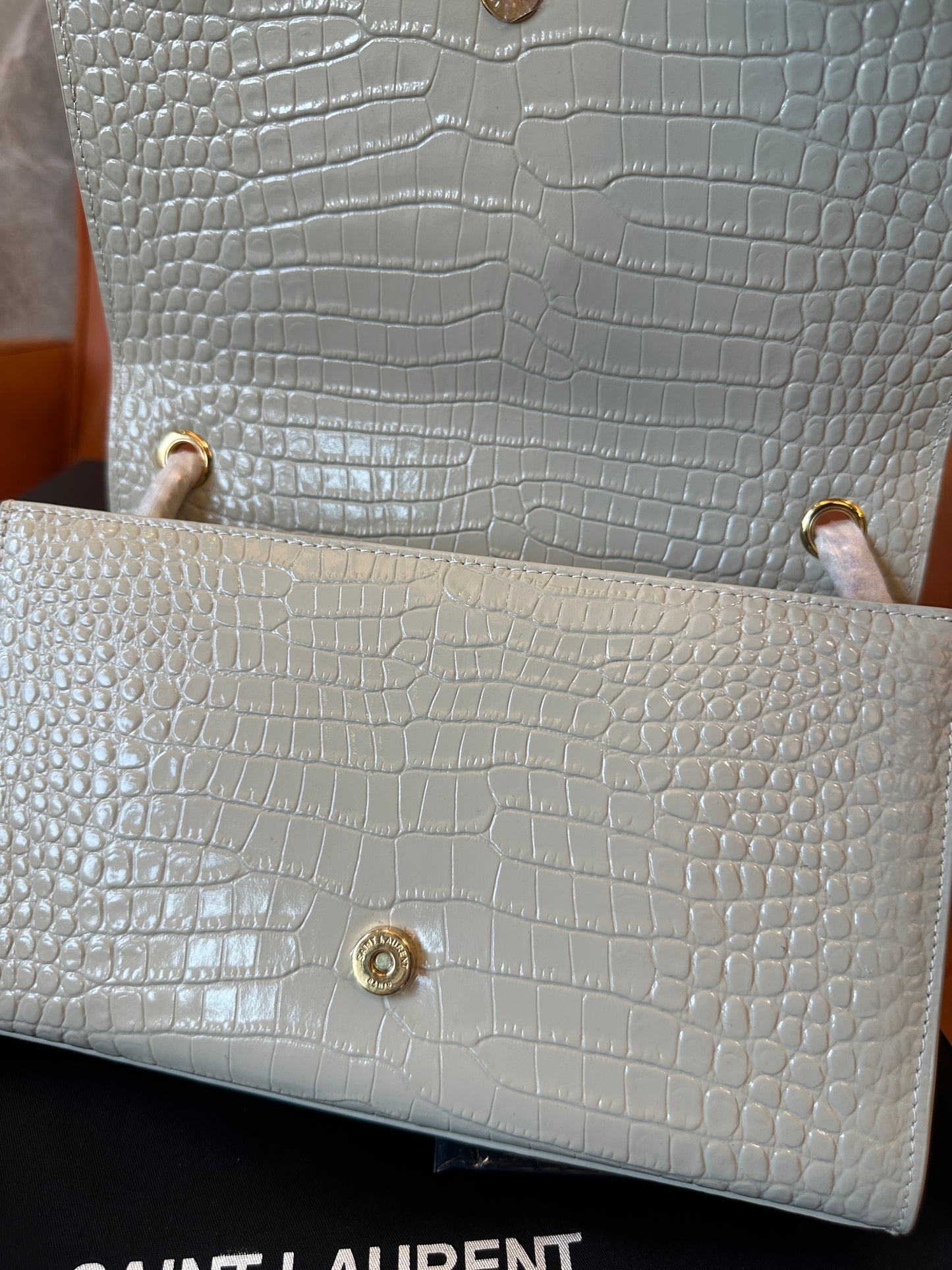 Saint Laurent Kate Bag in White Croc-Embossed Leather with Gold YSL Logo and Tassel