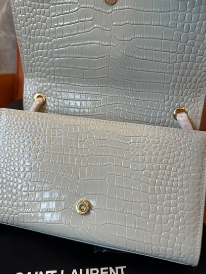 Saint Laurent Kate Bag in White Croc-Embossed Leather with Gold YSL Logo and Tassel