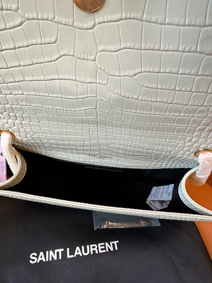 Saint Laurent Kate Bag in White Croc-Embossed Leather with Gold YSL Logo and Tassel
