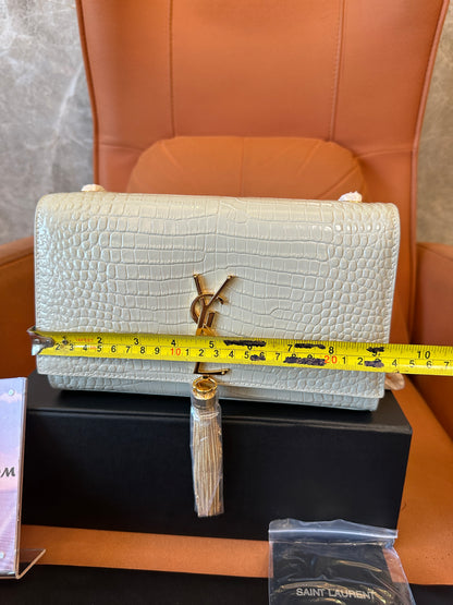 Saint Laurent Kate Bag in White Croc-Embossed Leather with Gold YSL Logo and Tassel