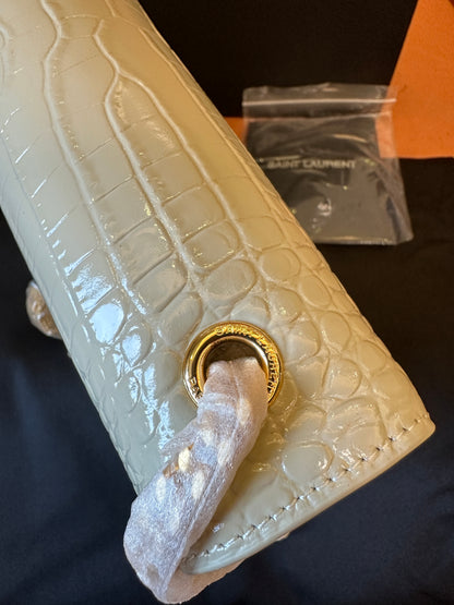 Saint Laurent Kate Bag in White Croc-Embossed Leather with Gold YSL Logo and Tassel