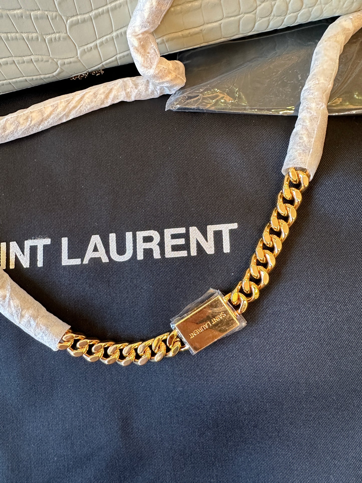 Saint Laurent Kate Bag in White Croc-Embossed Leather with Gold YSL Logo and Tassel