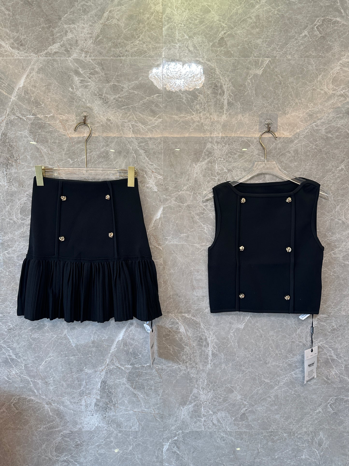 Sandro Button Detail Knit Top & Pleated Mini Skirt Set