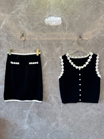 Sandro Black Knit Top & Skirt Set with White Floral Trim