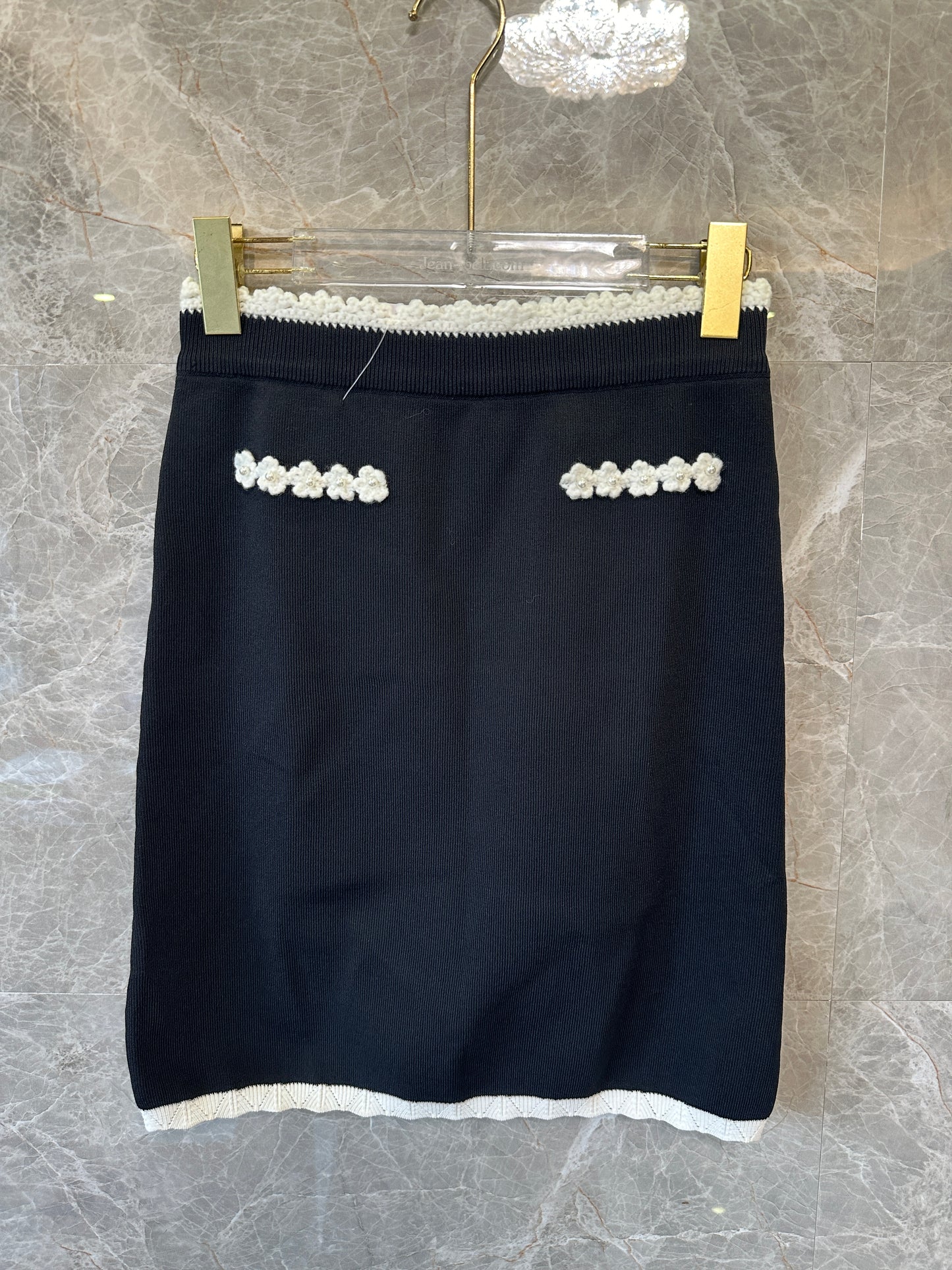 Sandro Black Knit Top & Skirt Set with White Floral Trim