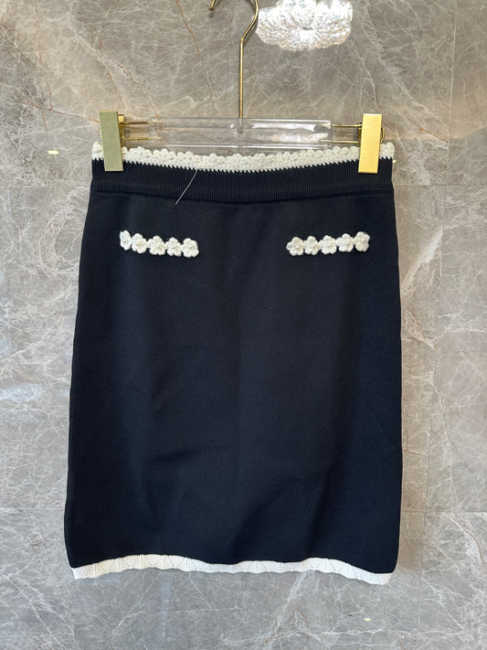 Sandro Black Knit Top & Skirt Set with White Floral Trim