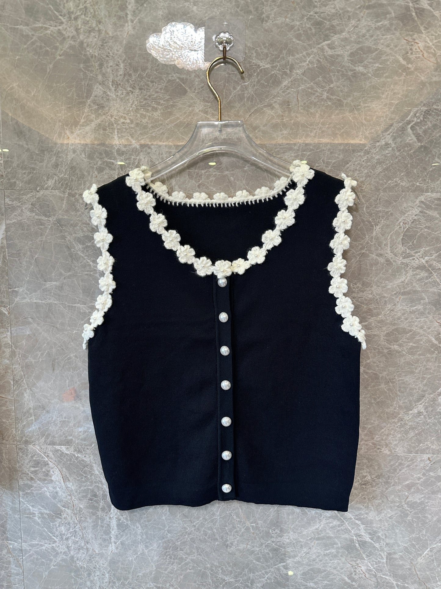 Sandro Black Knit Top & Skirt Set with White Floral Trim