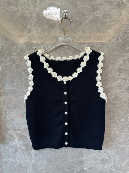 Sandro Black Knit Top & Skirt Set with White Floral Trim