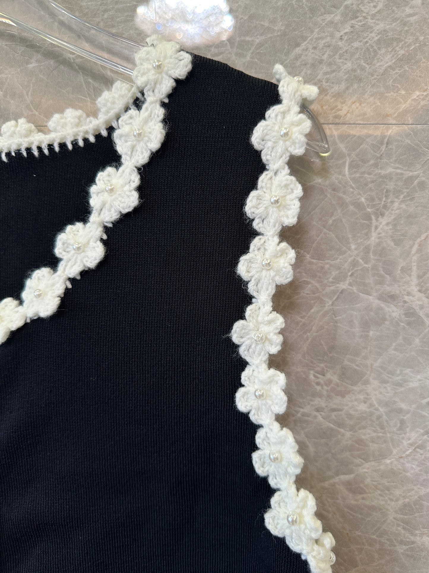 Sandro Black Knit Top & Skirt Set with White Floral Trim