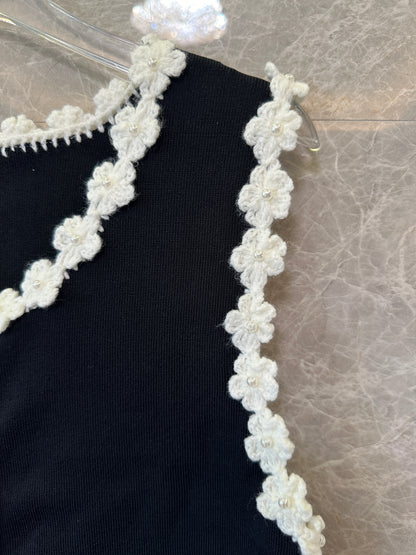 Sandro Black Knit Top & Skirt Set with White Floral Trim