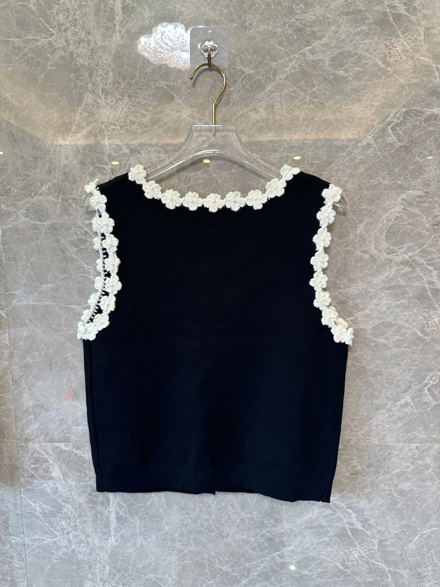 Sandro Black Knit Top & Skirt Set with White Floral Trim